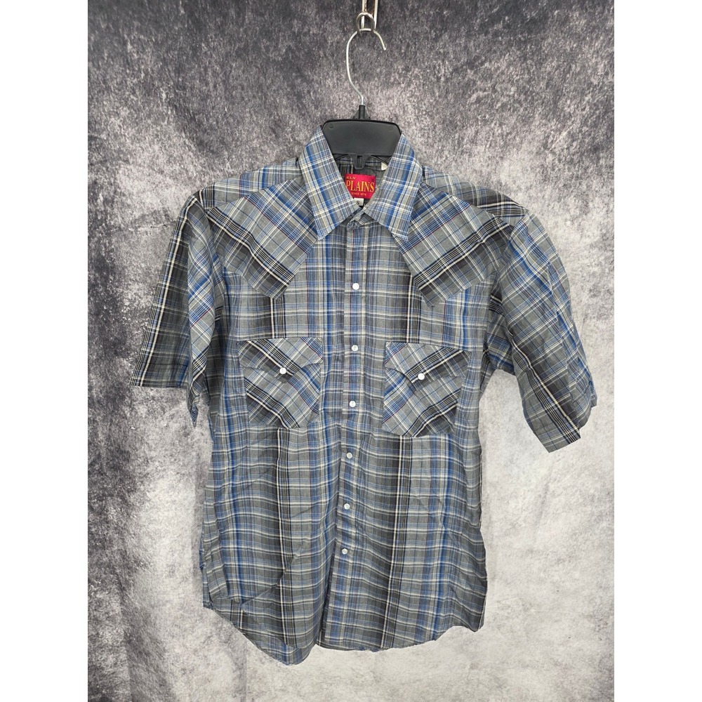 Ely Plains Western Shirt Mens Small Gray Blue Plaid Short Sleeve Pearl Snap